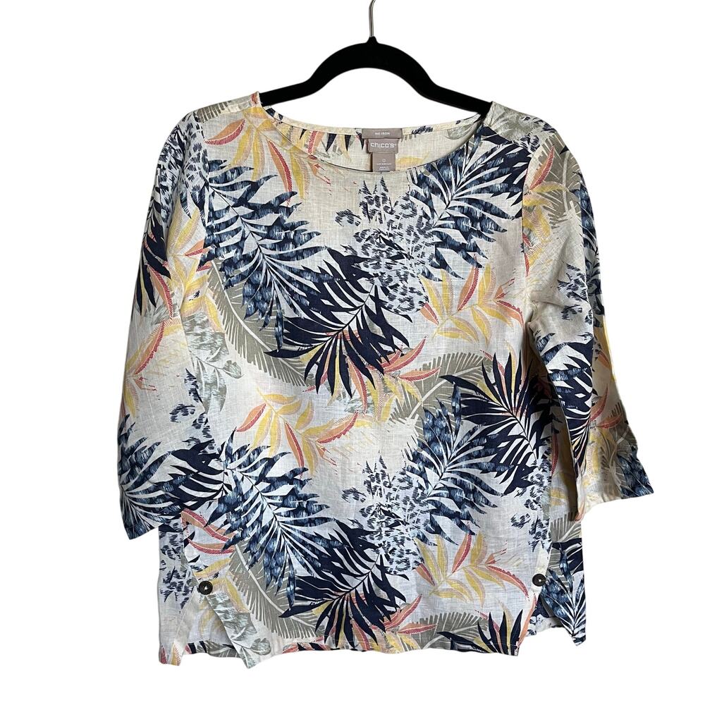 Chico's Top 100% Linen‎ Flax Palm Print 3/4 Sleeve Shirt Size 0 (US 4/6 - Small)